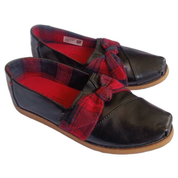 Tom's Alpargata Bow Slip-Ons Faux Black Leather Red Plaid 7 Wide - Picture 1 of 15